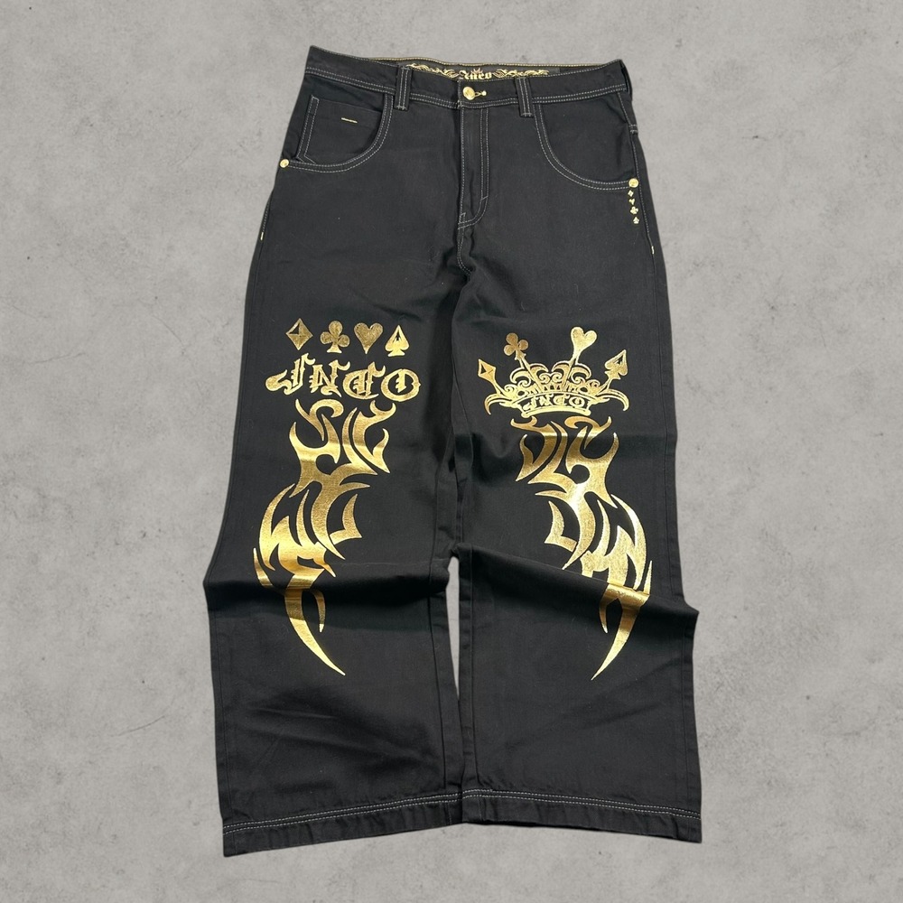 JNCO Wide Leg Jeans Men 36x34 Black Gold Tribal Graphic Baggy Streetwear Gambler